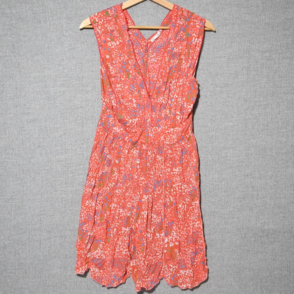 Poupette St Barth Mini Dress Womens Floral Smocked Boho M Coral